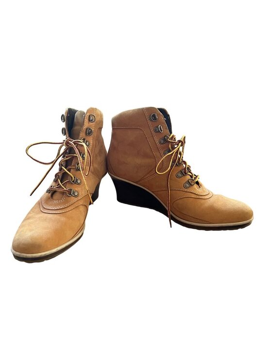 Timberland Shoes - Timberland Size 8.5 M Tan Leather Lace-Up Wedge Heel Ankle Bootie Boots Shoes